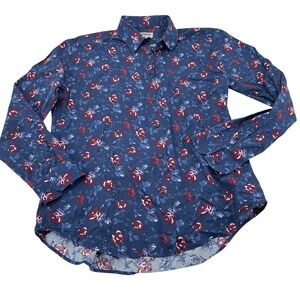 Express Slim Fit Mens Large Navy Red Floral Rose Print Cotton Button Down‎ Shirt